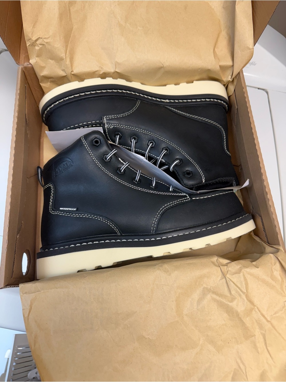 Black Men's Leather Work Boots with Cream Sole